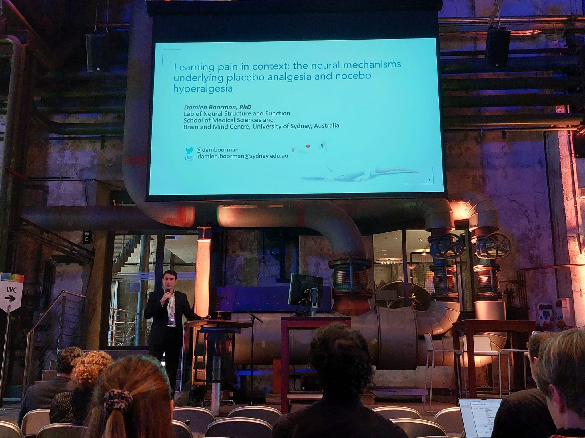 Damien Boorman presenting research on placebo analgesia and nocebo hyperalgesia