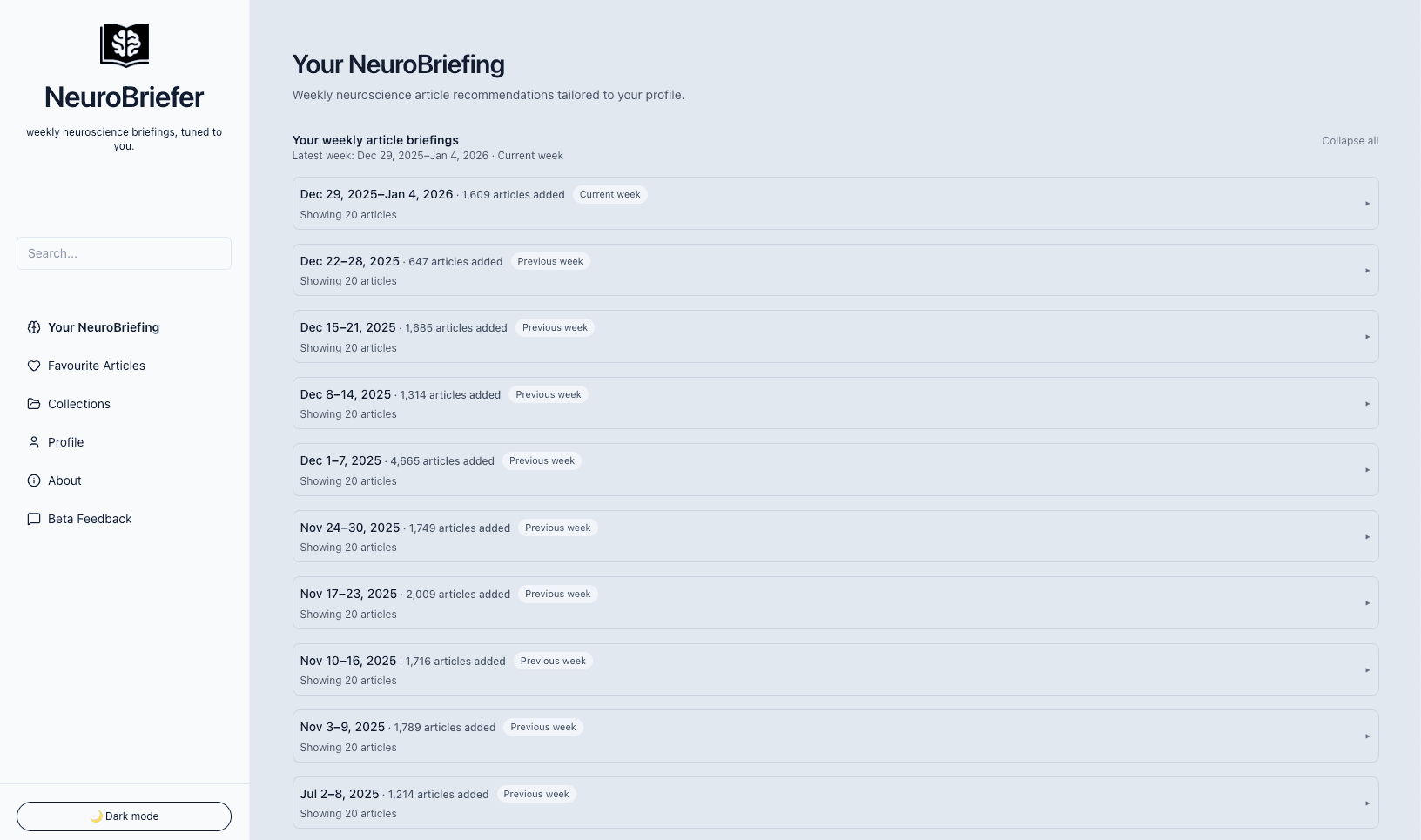 NeuroBriefer web library showing current and previous weekly briefings