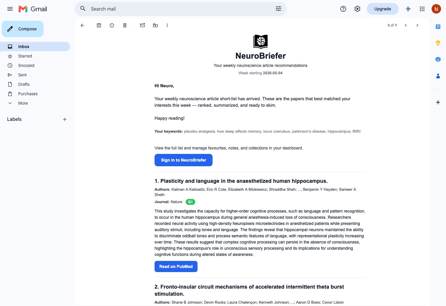 A real NeuroBriefer weekly briefing open in Gmail
